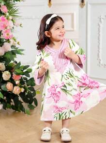 1 件装女婴 V 领长袖休闲连衣裙，简约时尚，适合夏季 - 彩色 - 查看 1