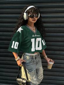 Muchica 女士短款绿色缎面撞色网眼数字印花 T 恤，Rave 上衣 - 墨綠色 - 查看 4