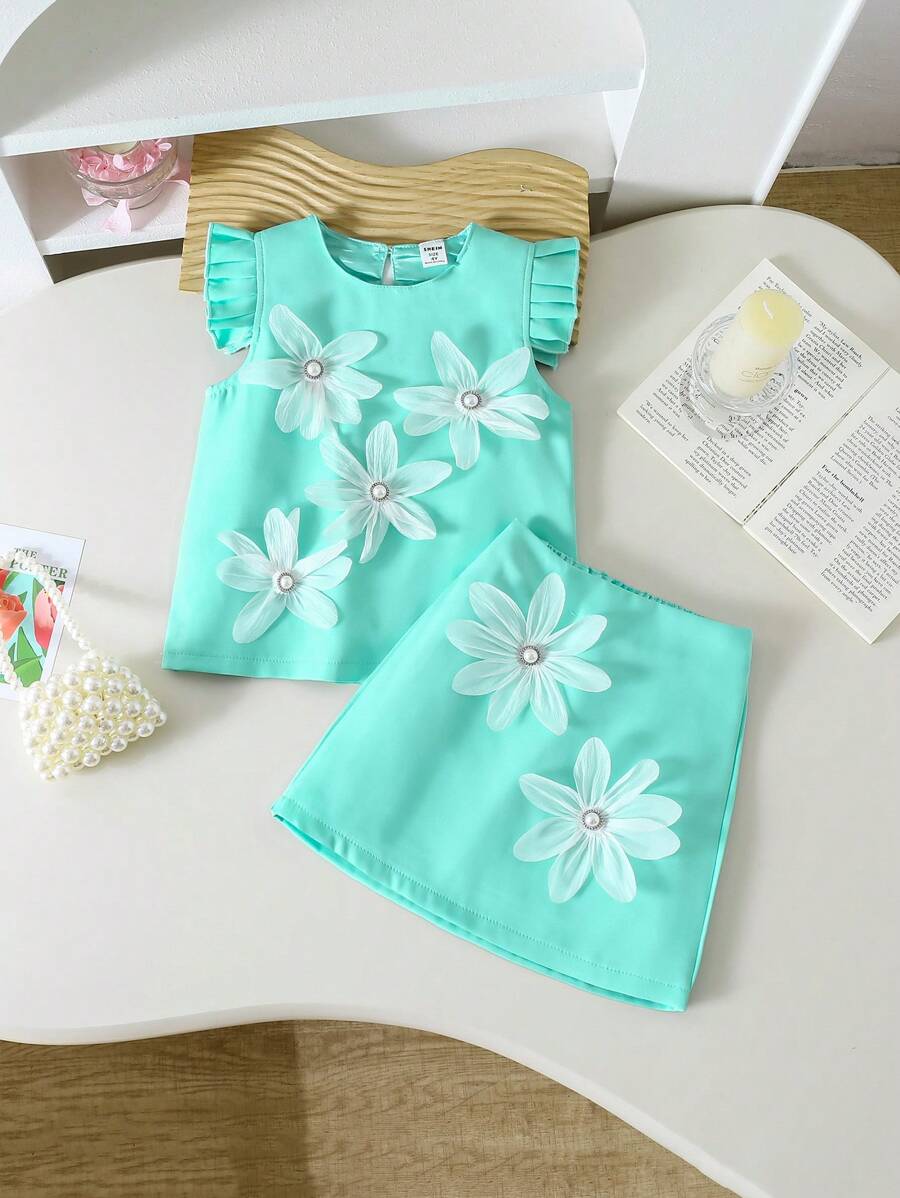 2pcs/Set Young Girl Elegant Solid White Color Pearl 3D Floral Cap Sleeve Top And Solid Color Skirt Set, Fashionable Princess Style Outfit - Green - View 1