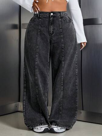 SHEIN CURVE+ 大码休闲简约牛仔裤，适合夏季、曲线、波西米亚度假