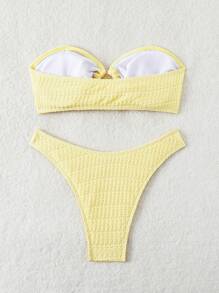 Swim Mod Women Summer Beach Solid Color Bandeau Circular Connected Sexy Bikini Swimwear Set - Mustard Yellow - View 2