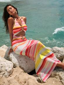 Opulessa 女士性感露背 V 领无袖金属装饰带腰部镂空开衩紧身针织连衣裙，适合度假、海滩派对、约会穿着 - 彩色 - 查看 9