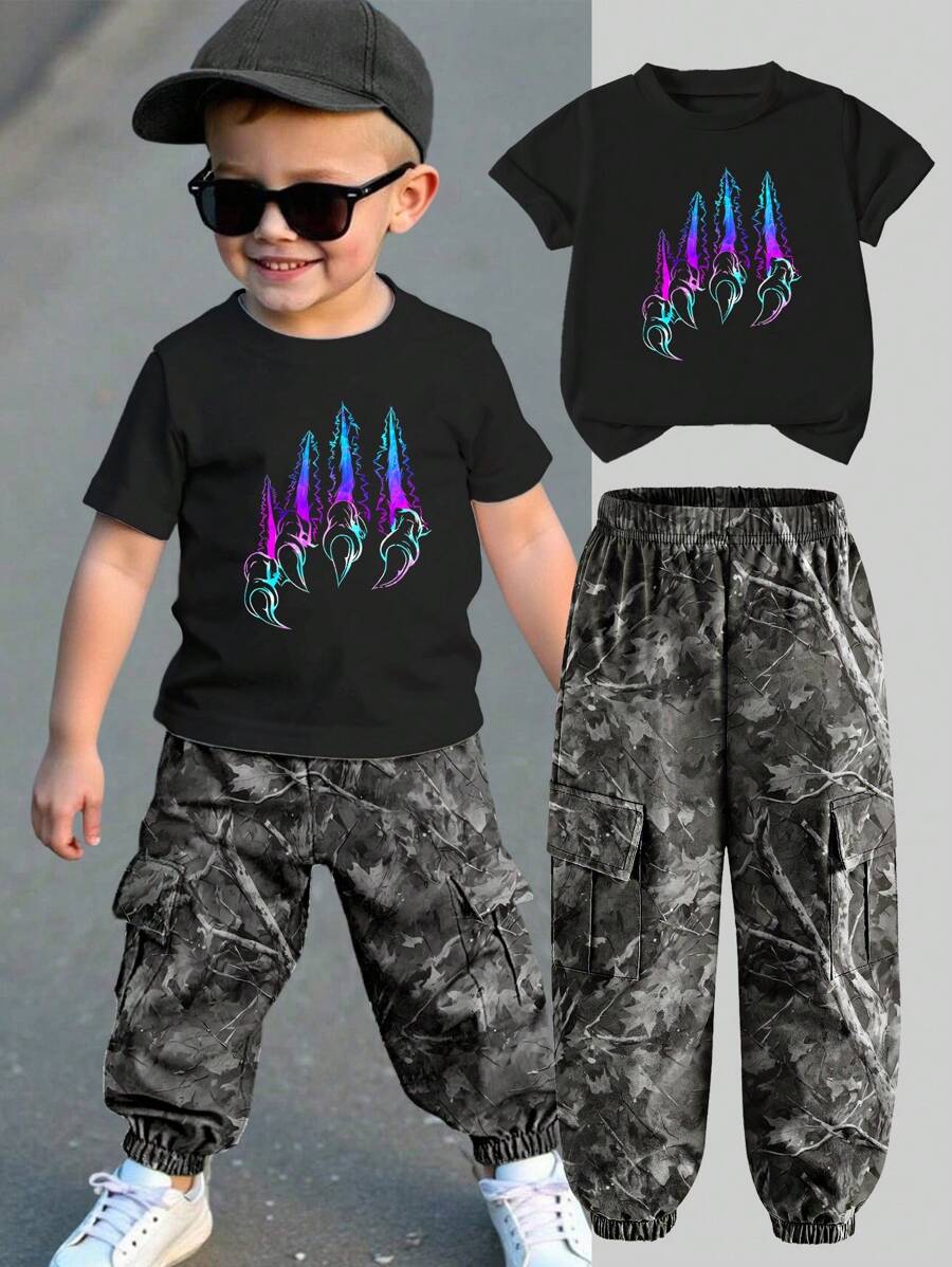 SHEIN Explorewe 2pcs/Set Boy Graphic Print Short Sleeve T-Shirt And Tree Branch Printed Utility Pants Casual Suit, School, Campus, College - Multicolor - View 1