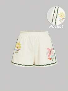 SHEIN MOD Wavy Pattern Floral Print Contrast Webbing Shorts, Vacation Wear,Summer/ Summer Outfits For Women,Vacation,Western,Boho,Graphic Shorts,Cottagecore,Brunch Outfits For Women,Tropical Vacation Woman Clothes