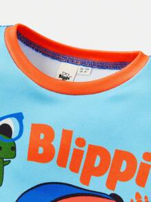 Blippi X SHEIN Jeune garçon Ensemble short et t-shirt manches courtes décontracté confortable pyjama imprimé dinosaure bleu mignon