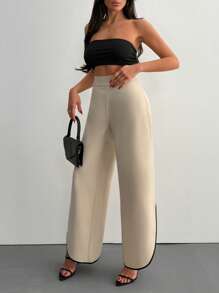 EURMUSE 女士纯色针织西装裤，撞色绑带细节，开衩下摆，时尚办公室女士优雅外出
