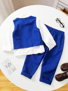 SHEIN 2pcs Young Boys Gentleman Outfit, 1 Textured Bicolor Woven Vest, 1 Textured Bicolor Woven Suit Pants, Fashionable Gentleman Set With Sleeveless Single-Breasted Fitted Vest And Elastic Waist Comfortable Suit Pants, Suitable For Birthday Party, Ceremony, Wedding, Ring Boy, Page Boy - Blue - View 2