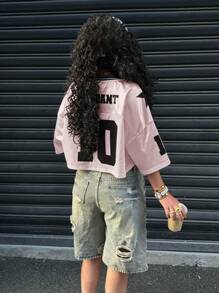 Muchica Pink Satin & Mesh Patchwork Number Print Cropped T-Shirt,Rave Top - Pink - View 2