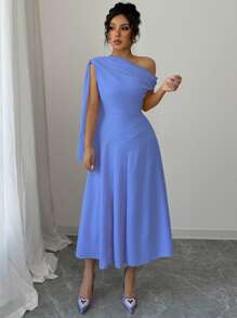 Elenzga Spring 2025 New Arrival Blue Asymmetrical Neck Net Yarn Ribbon Flowy Wide Hem Cinched Waist Dress, Flattering - Blue - View 5
