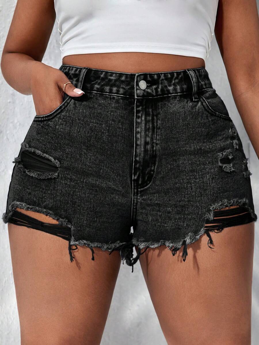 Dripcurv Plus Size Plain Denim Shorts, Fashion & Suitable For Summer - Black - View 1