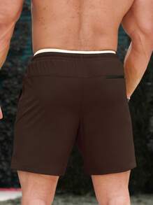 ZELFYO Men 2 In 1 Drawstring Waist Swim Trunks Milk Silk Lining - Brown - View 2