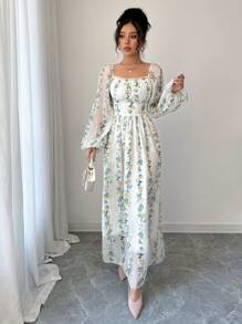 Modelyn Women Elegant Vertical Striped Square Neck Cinched Waist A-Line Dress, Spring/Summer - Yellow - View 3