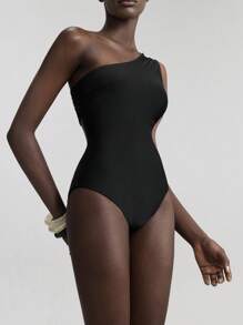 Ontre 不对称单肩设计黑色露背度假泳衣，女士度假装 - 黑色 - 查看 4