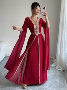 Rafferiza 优雅日常连衣裙，V 领，金色蕾丝边，收腰，A 字形，透明雪纺长袖，红色，女士，春夏 - 紅色 - 查看 1