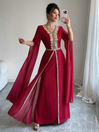 Rafferiza 优雅日常连衣裙，V 领，金色蕾丝边，收腰，A 字形，透明雪纺长袖，红色，女士，春夏