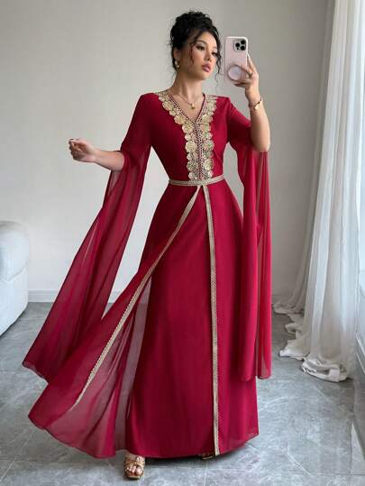 Rafferiza 优雅日常连衣裙，V 领，金色蕾丝边，收腰，A 字形，透明雪纺长袖，红色，女士，春夏