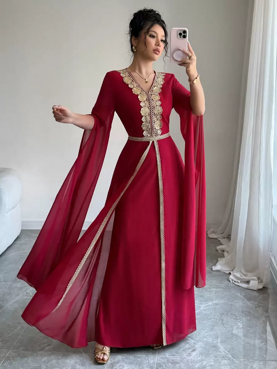 Rafferiza 优雅日常连衣裙，V 领，金色蕾丝边，收腰，A 字形，透明雪纺长袖，红色，女士，春夏 - 紅色 - 查看 1