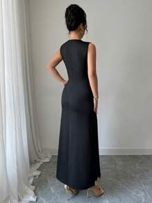 Rafferiza Elegant Waist-Cinched Fitted Sleeveless 2 In 1 Lace-Trim Black Long Dress, Suitable For Spring & Summer - Black - View 2