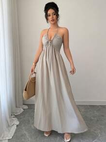 Rafferiza Halter Lace Up Backless A-Line Dress - Grey - View 6