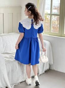 SHEIN Explorewe Tween Girl Colorblock Puff Sleeve Ruffle Cute Dress - Blue - View 2