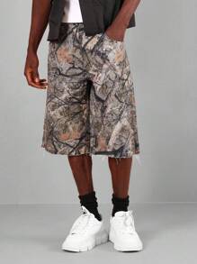 SUMWON Premium Camouflage Print Denim Shorts Distressed Raw Hem Festival Summer Casual Street Style Urban Fashion Mid-Thigh Cargo Cut Outdoor Adventure Wear - Multicolor - View 3