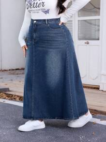 SHEIN CURVE+ Gonna lunga casual in denim di taglia comoda, adatta per l'estate, per taglie comode, stile boho per le vacanze
