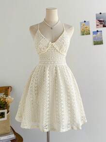 Soleia Women's Vacation Spaghetti Strap Mini Dress, Backless Tie-Up A-Line Dress, Vacation Textured Crochet Mesh, Summer Outfit - Apricot - View 3