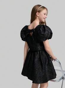 Ontre Conjunto de 2 piezas para niña preadolescente con camisa de mangas con forma de pétalo de tejido jacquard y falda entallada