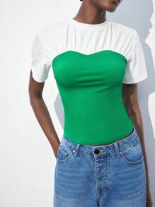 Maija Women's Green & White Color Block Modern Casual Crewneck Fitted Ruched Details Short Sleeve T-Shirt, Versatile Everyday Wear,Fall Women Clothes,European Summer