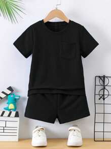 SHEIN Sparklyn Bộ 2 áo thun tay ngắn màu trơn đơn giản và quần short cho bé trai - màu đen - Xem 3