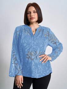 SHEIN Clasi 优雅商务通勤女式大码衬衫，镂空袖子设计，可上下卷起，海军蓝 - 淺藍色 - 查看 6