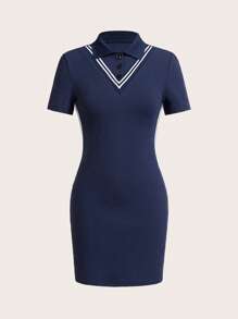 SHEIN Sports Women Striped Polo Collar Short Sleeve Casual Outdoor Dress