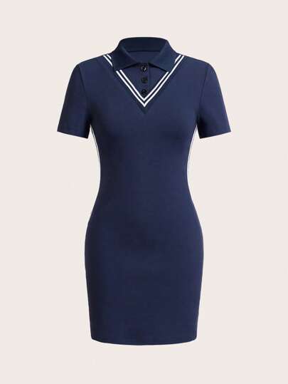 SHEIN Sports Damen gestreiftes Polokragen Kurzarm Lässig Outdoor Kleid