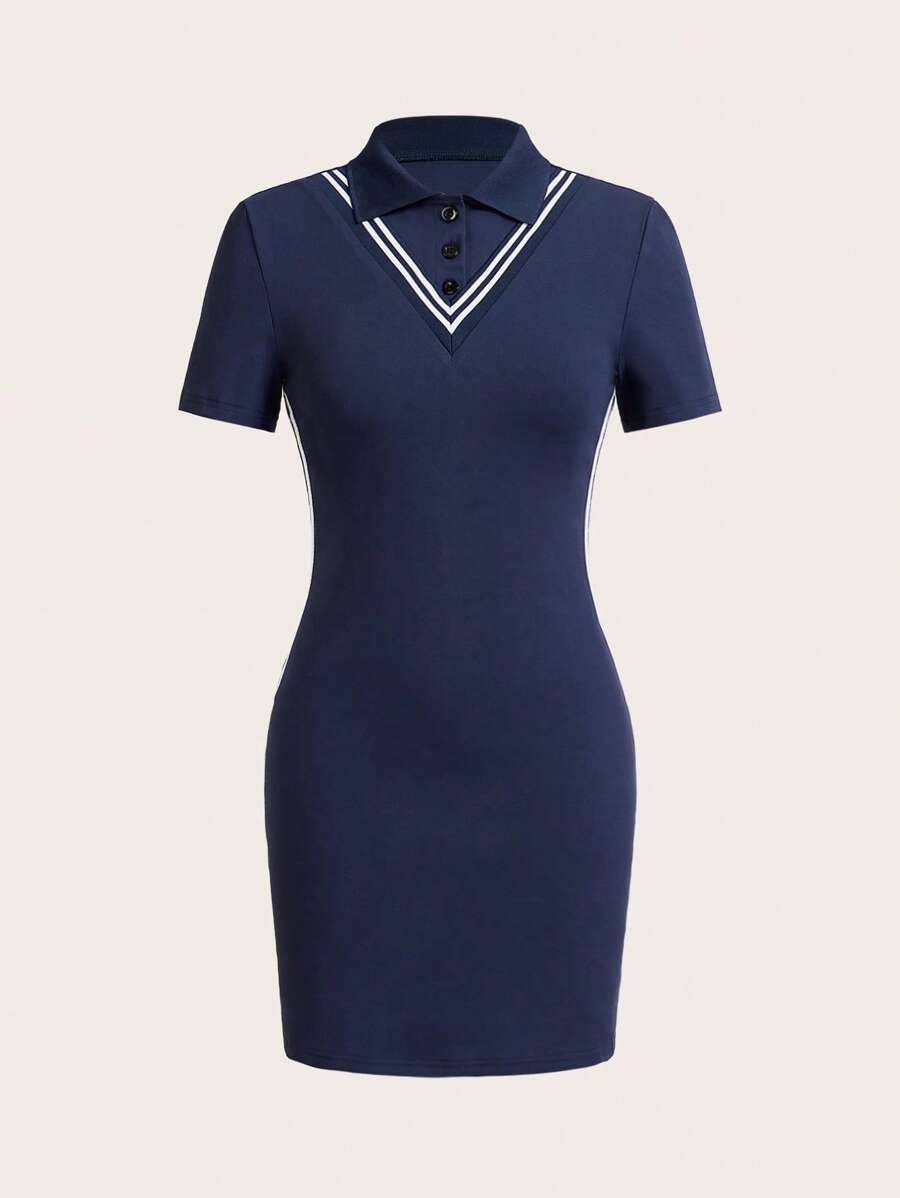 SHEIN Sports Women Striped Polo Collar Short Sleeve Casual Outdoor Dress