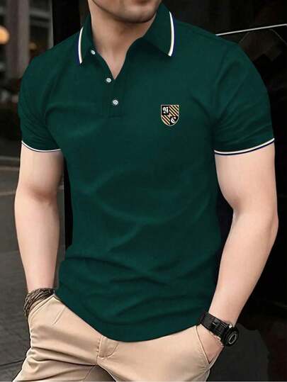 男士纽扣领 POLO 衫，橄榄绿色盾牌印花上衣