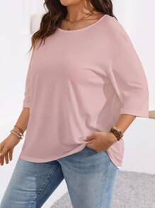 EMERY ROSE Plus Size Solid Color Plus Size Round Neck 3/4 Sleeve T-Shirt, Suitable For Everyday Wear - Dusty Pink - View 6