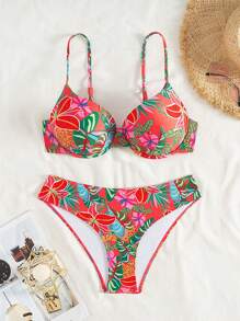 SHEIN Swim 女士海滩夏季服装，聚拢热带花卉度假比基尼套装，2 件套 - 彩色 - 查看 7