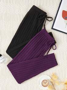 2pcs/Set Women Ribbed Texture Plain Comfort Homewear Cozy Pants, Fall Winter Clothes