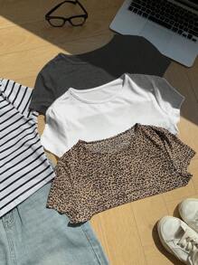 SHEIN EZwear Plus Size Letnie Elastyczne Bawełniane Okrągły Dekolt Dopasowane Podstawowe Koszulki