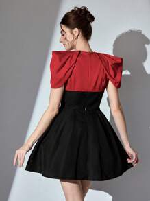 Poshira Váy dạ hội trang trọng quyến rũ cổ chữ V sâu đính hoa kim loại màu tương phản dành cho nữ, váy dự tiệc, váy dự tiệc cưới, váy dạ hội - Đỏ - Xem 2