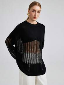 Ontre Women's 2025 New Casual & Office Wear Spring Summer Daily Wear Knitted Sweater, Round Neck Long Sleeve Black Wool Sweater With Personalized Hollow-Out Design