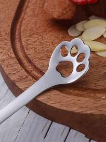 1pc Cat Paw Shaped Coffee Spoon Hollow Dessert Ice Cream Scoop Kitchen Accessories 304 Stainless Steel Cutlery - Silver - View 4