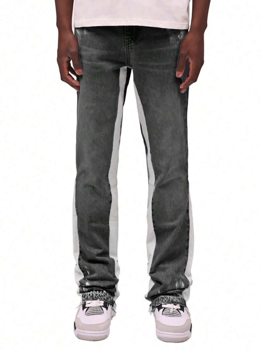 ROMWE MEN Street Life Jeans con dobladillo deshilachado y color contrastante para adolescentes varones - Gris Oscuro - Ver 1