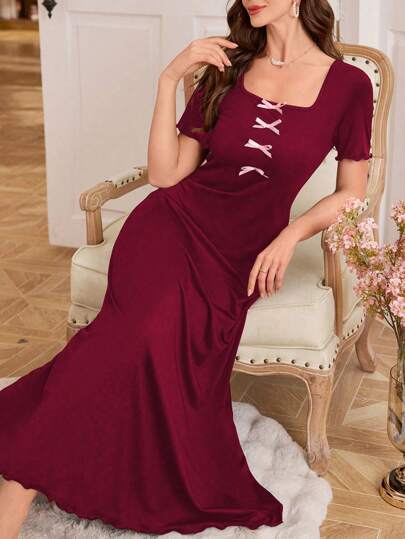 SHEIN Elegant Bow Contrast Color Women's Nightgown Dress