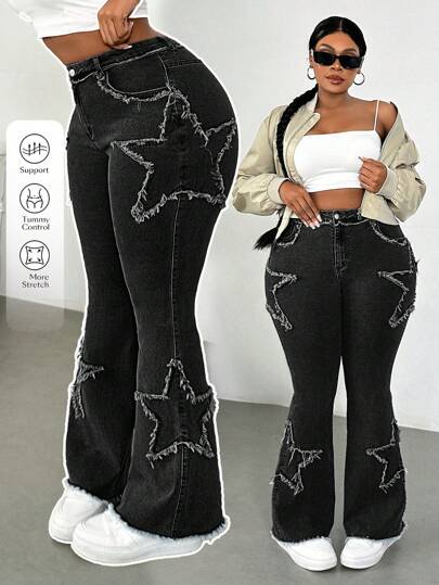 Dripcurv Jeans acampanados de talle alto y elásticos para mujer de talla grande, color azul