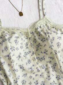 SHEIN Teen Girls Asymmetrical Ditsy Floral Printed Contrast Lace A-Line Dress, Relaxed Loungewear Outfit, Spring/Summer