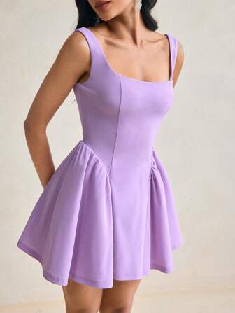 Heroine 紫色可爱甜美优雅无袖露肩荷叶边迷你连衣裙情人节、狂欢、婚礼、舞会礼服