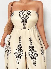 Maweii Plus Size Retro Print Halter Wide Leg Jumpsuit, Casual Resort Wear