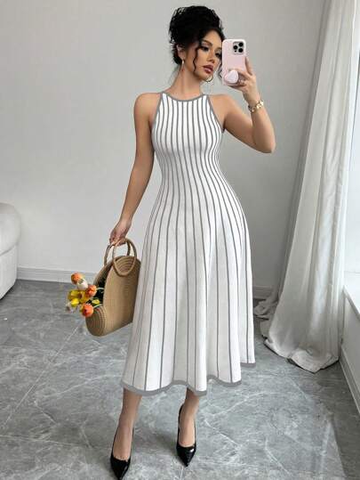 Gloray 全新复古条纹拼色圆领无袖针织女式连衣裙