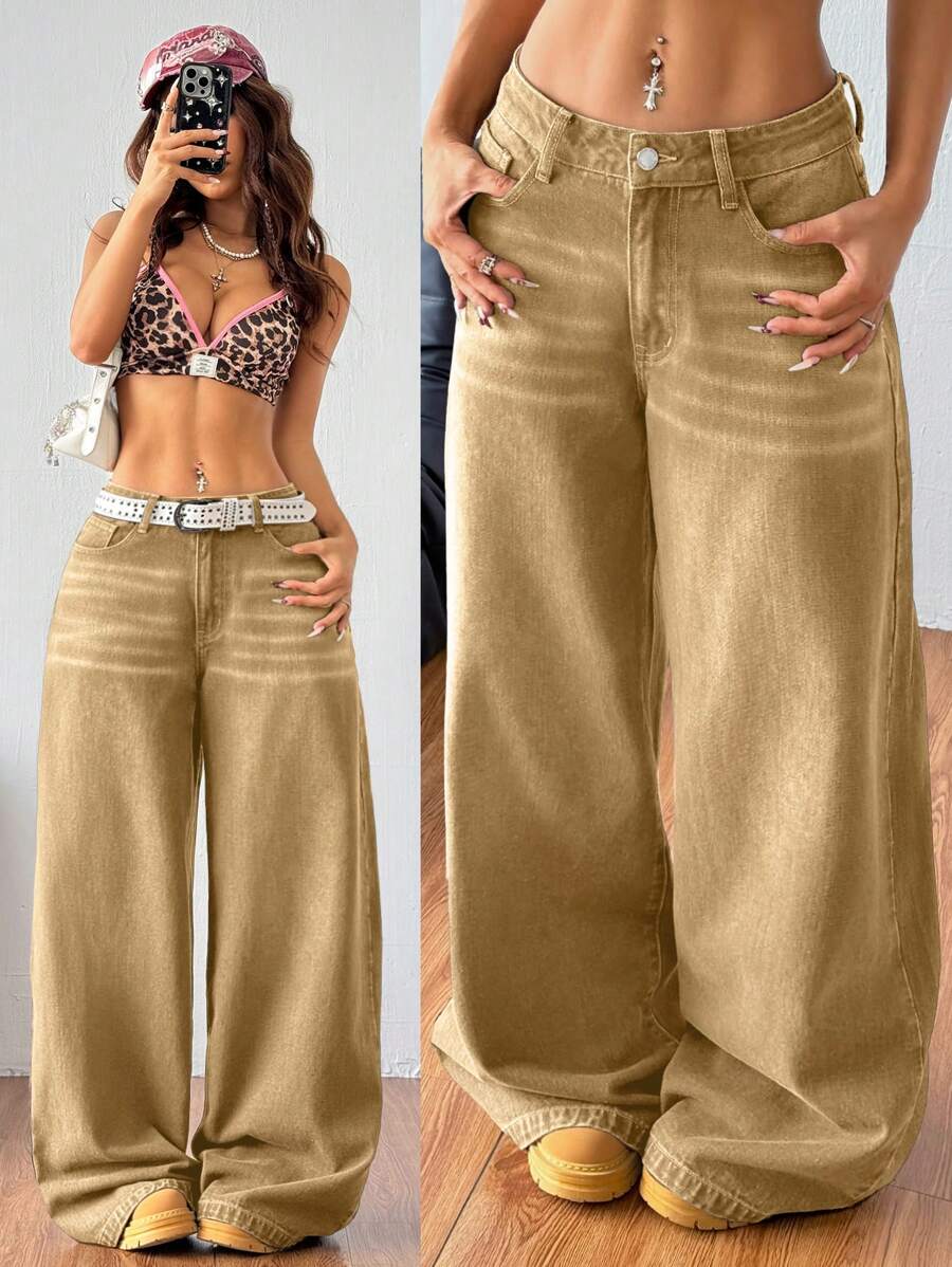 Coolane 女士休闲百搭牛仔裤，带口袋，宽松阔腿裤 - 卡其色 - 查看 1